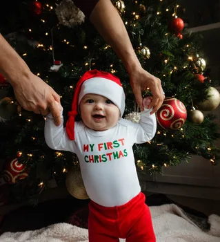 Baby Fantje Prvi Božič Obleko Unisex Otroka 1. Božič Oblačila za Novorojenčka Fantje ali Dekle, Rdeče in Zelene Smešno Logotip Jumpsuit