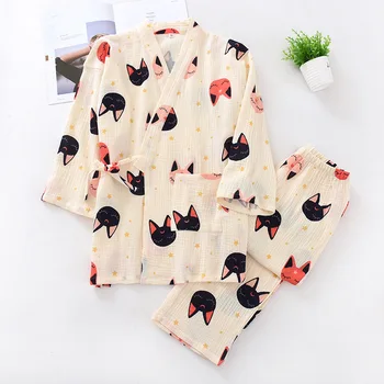Krep Ženske Japonski Kimono Nastavite Pijamas Žensk Pomlad Jesen Bombažno Pižamo Dolgo sleeved Hlače Risanka Plus Velikost Homewear Set