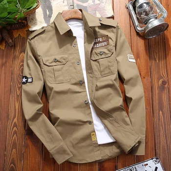 Moške Srajce Vojaške Bombažno Majico Kaki Priložnostne Retro Slim Fit z Žep Long Sleeve Vintage Suknjič Ulične Padec Ladijskega prometa