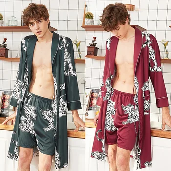 2020 Moški kopalni plašč Svile Kimono Dolge Rokave Haljo Tiskanja Pižame, Moške Obleke kopalni plašč s kratke hlače Moški Homewear Eleganca