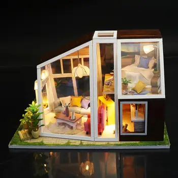 Mini DIY Lesene Finska Aurora Koča Dollhouses Sestavljeni Miniaturni s Pohištvom Kavč Lutka Hiša Igrače za Otroke, Odrasle Prijatelj Darilo