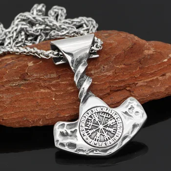 Moški Nordijska Viking thor kladivo vegvisir Mjolnir ogrlico, obesek iz Plemenitega jekla Z Valknut Rune Darilne Vrečke
