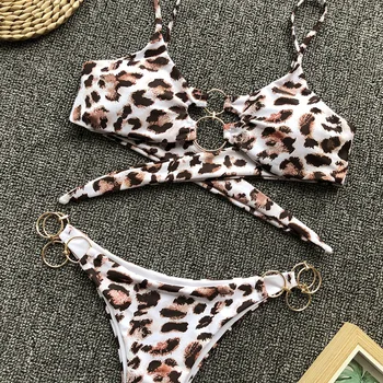 Seksi Leopard Kovinski Obročki Brazilski Bikini 2020 Ženske Kopalke Ženske Kopalke dvodelne Bikini komplet Tangice kopalke Plavati obrabe
